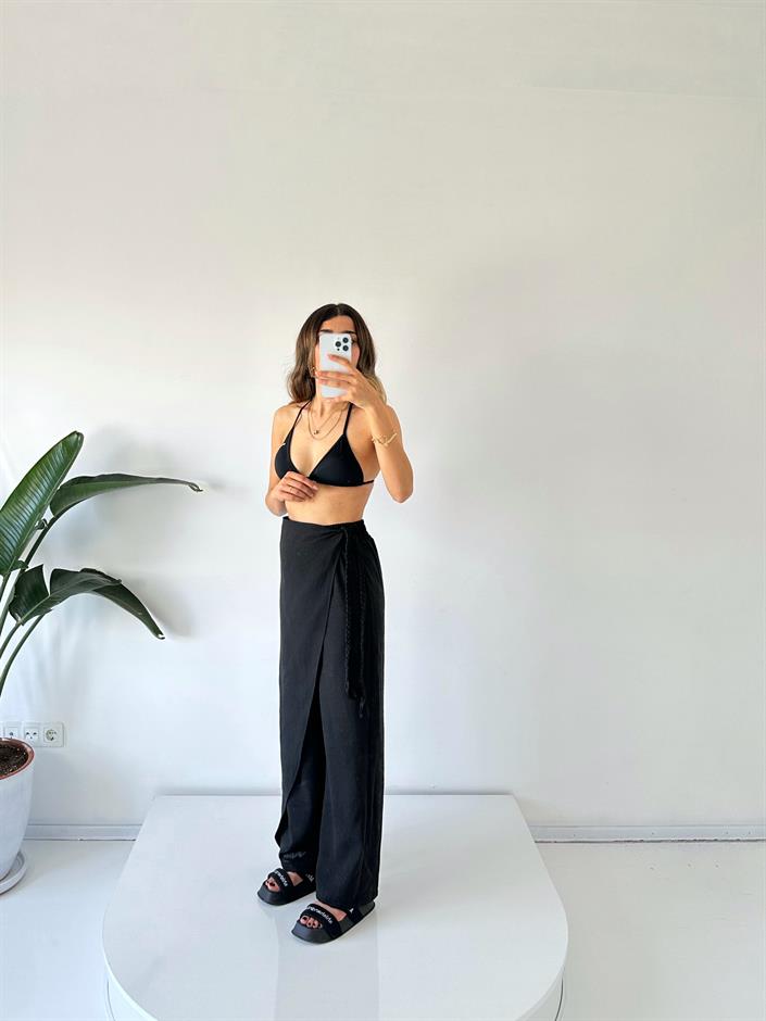 Zeria Siyah Yandan Örgü Bağlamalı Keten Pantolon