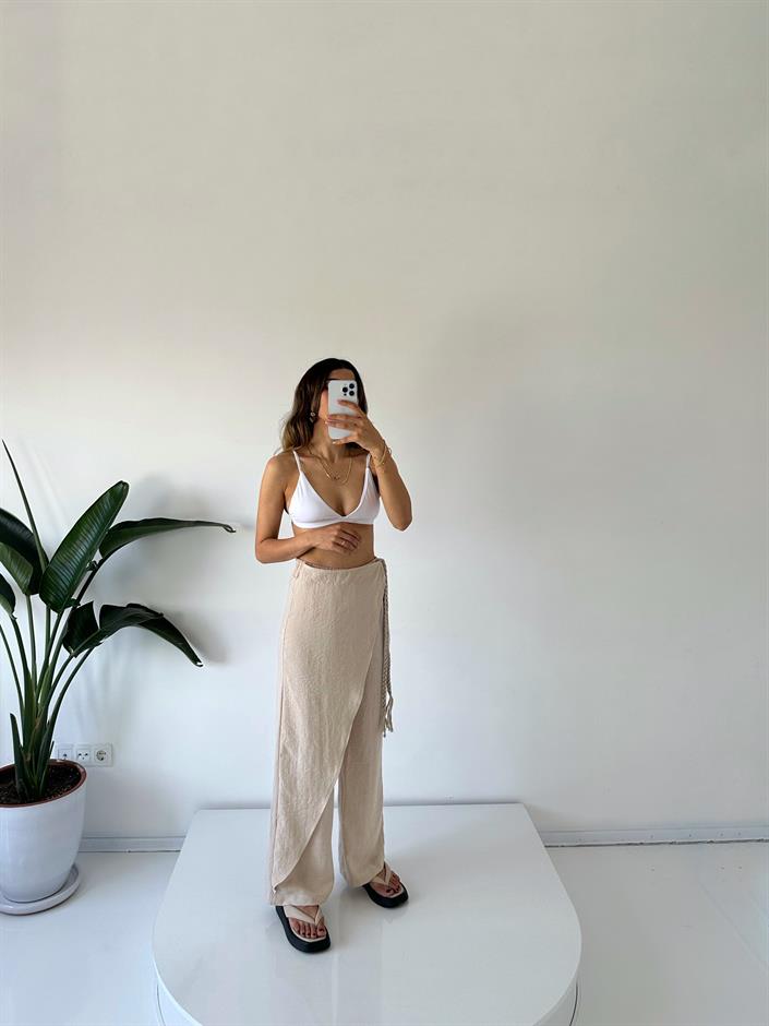 Zeria Taş Yandan Örgü Bağlamalı Keten Pantolon