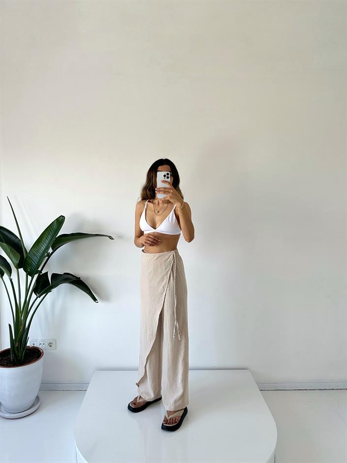 Zeria Taş Yandan Örgü Bağlamalı Keten Pantolon