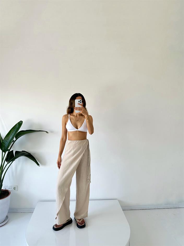 Zeria Taş Yandan Örgü Bağlamalı Keten Pantolon