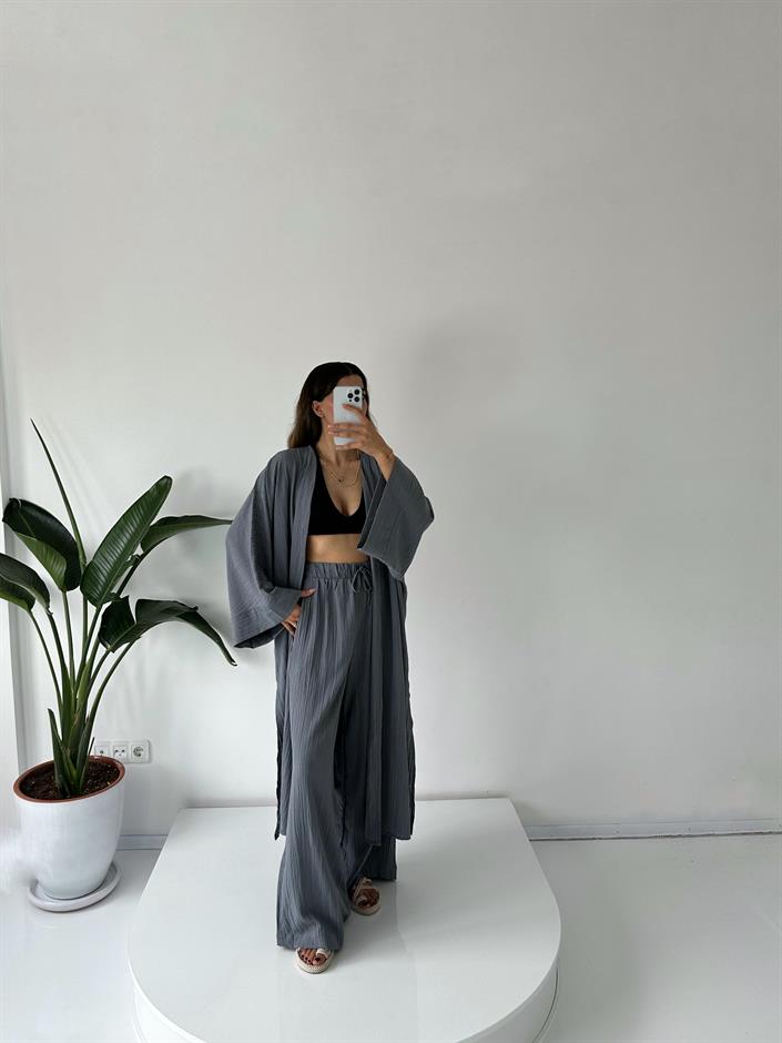 Zulya Gri Uzun Kimono Pantolon Takım