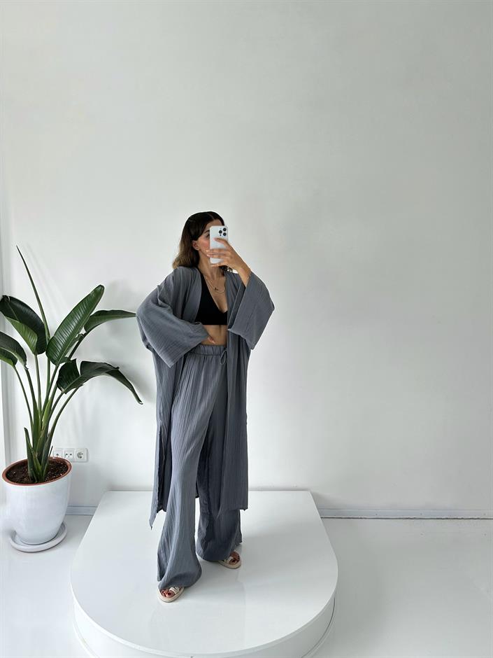 Zulya Gri Uzun Kimono Pantolon Takım
