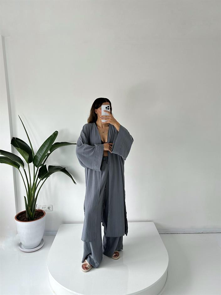Zulya Gri Uzun Kimono Pantolon Takım