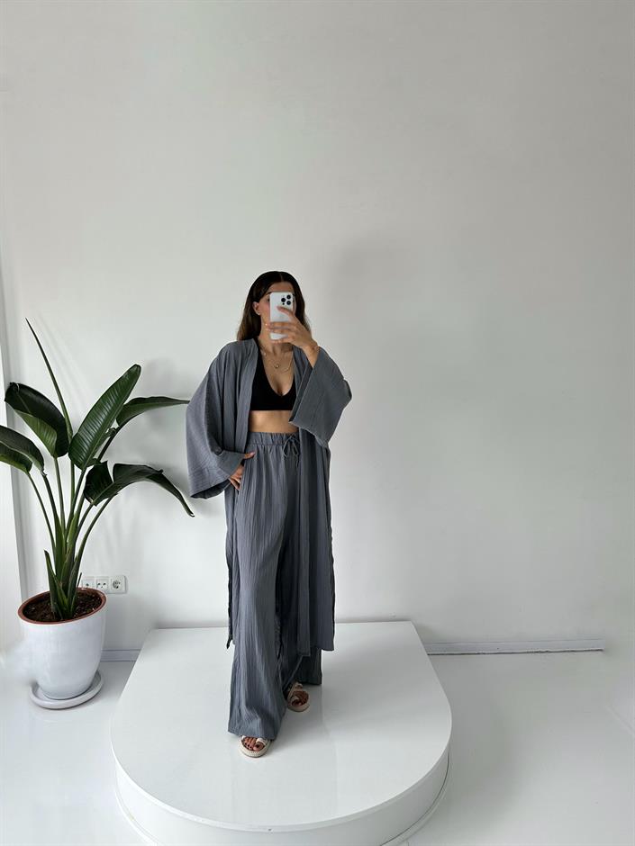 Zulya Gri Uzun Kimono Pantolon Takım