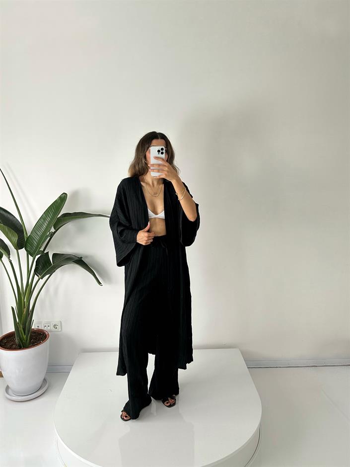 Zulya Siyah Uzun Kimono Pantolon Takım