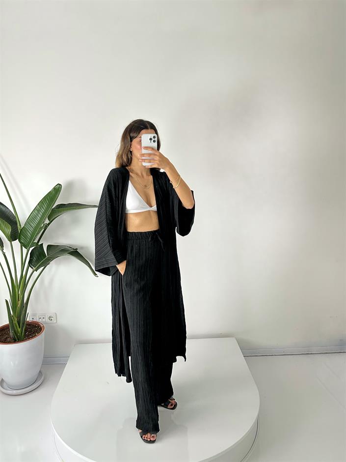 Zulya Siyah Uzun Kimono Pantolon Takım