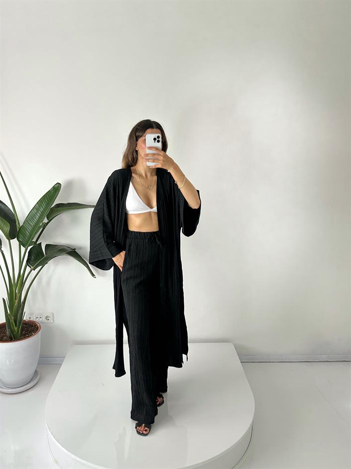 Zulya Siyah Uzun Kimono Pantolon Takım