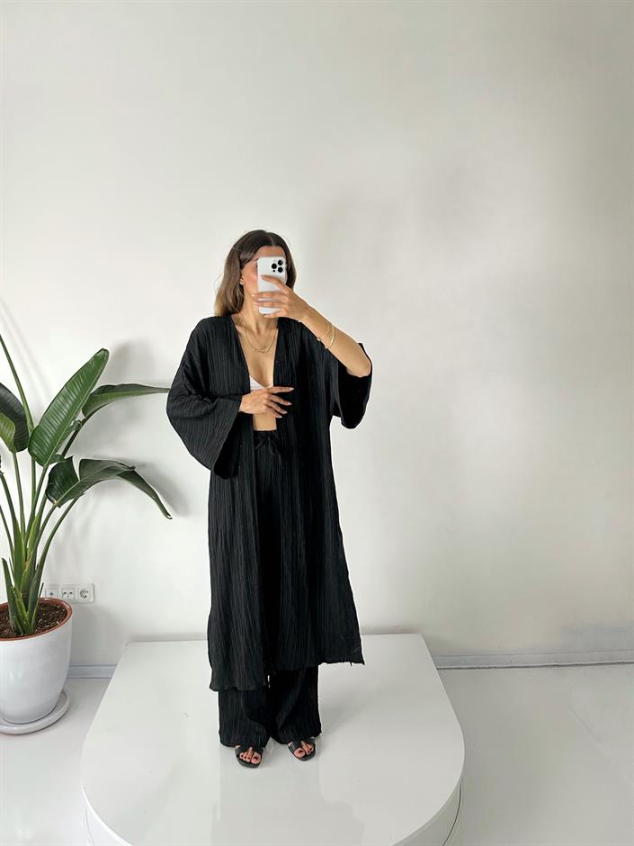 Zulya Siyah Uzun Kimono Pantolon Takım
