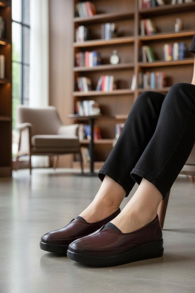 Kadın Hakiki Deri Günlük Ayakkabı Ortopedik Rahat Bordo 0157