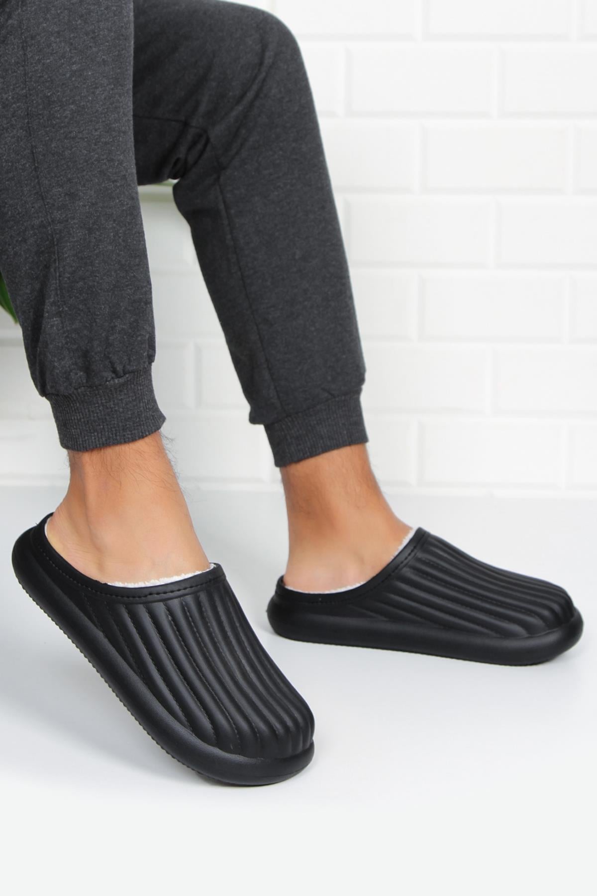 Modafrato FLORA Kapalı İçi Yünlü Unisex Ev Terliği Kışlık Terlik Siyah