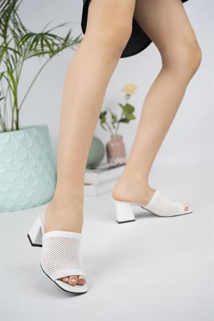 Modafrato MY-901 Delikli Triko Topuklu Terlik Yüksek Topuk Ayakkabı Abiye Beyaz