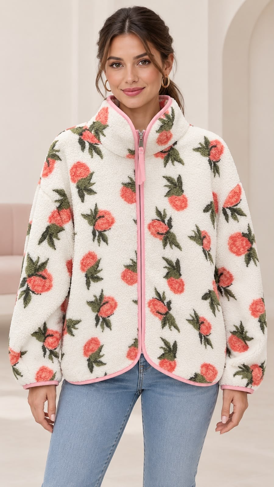 Çiçek Desen Peluş Hırka Pembe