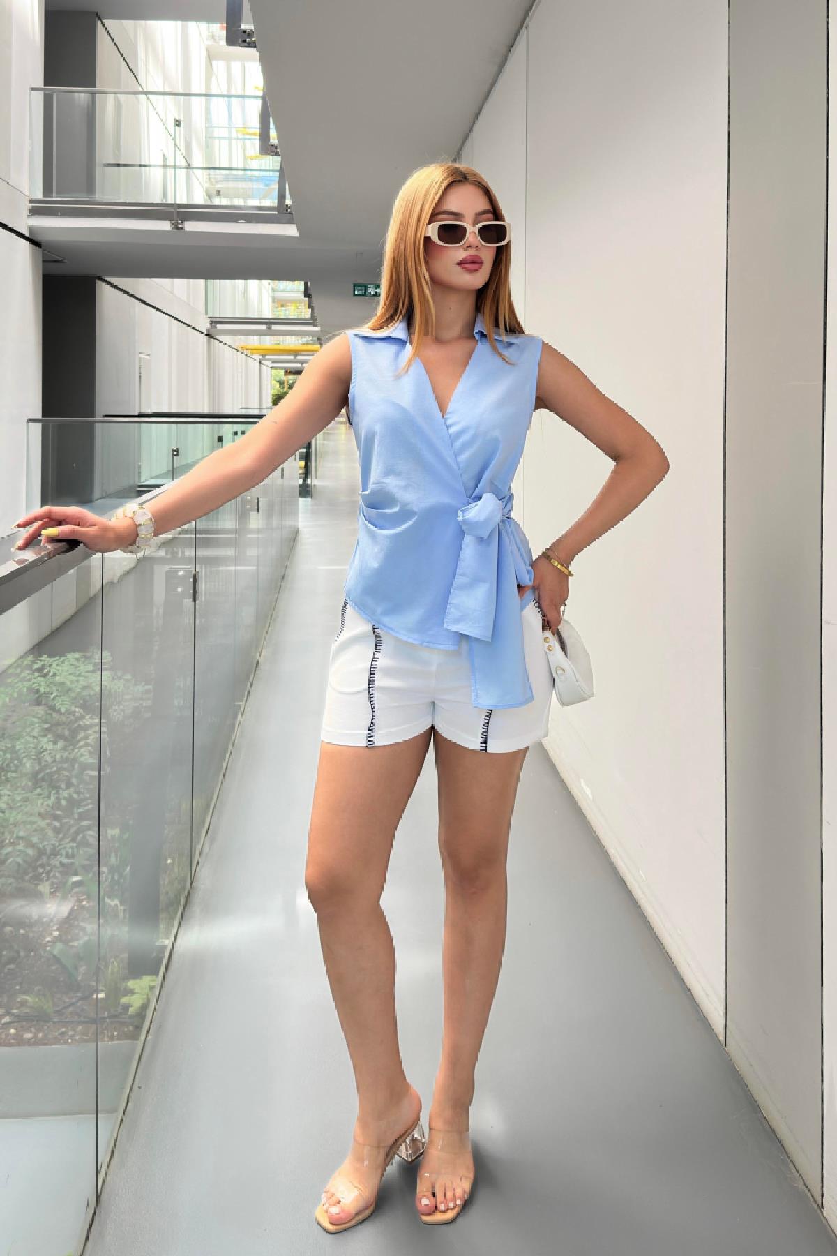 Dikiş Çizgili Keten Şort Beyaz