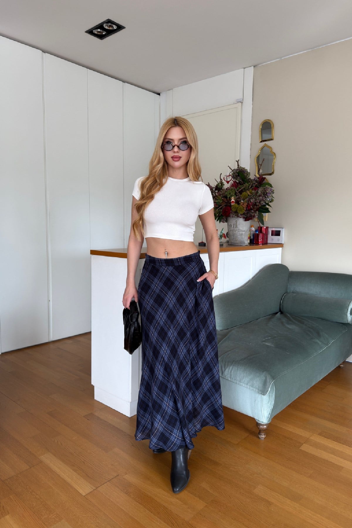 Ekose Desen Kloş Etek Lacivert