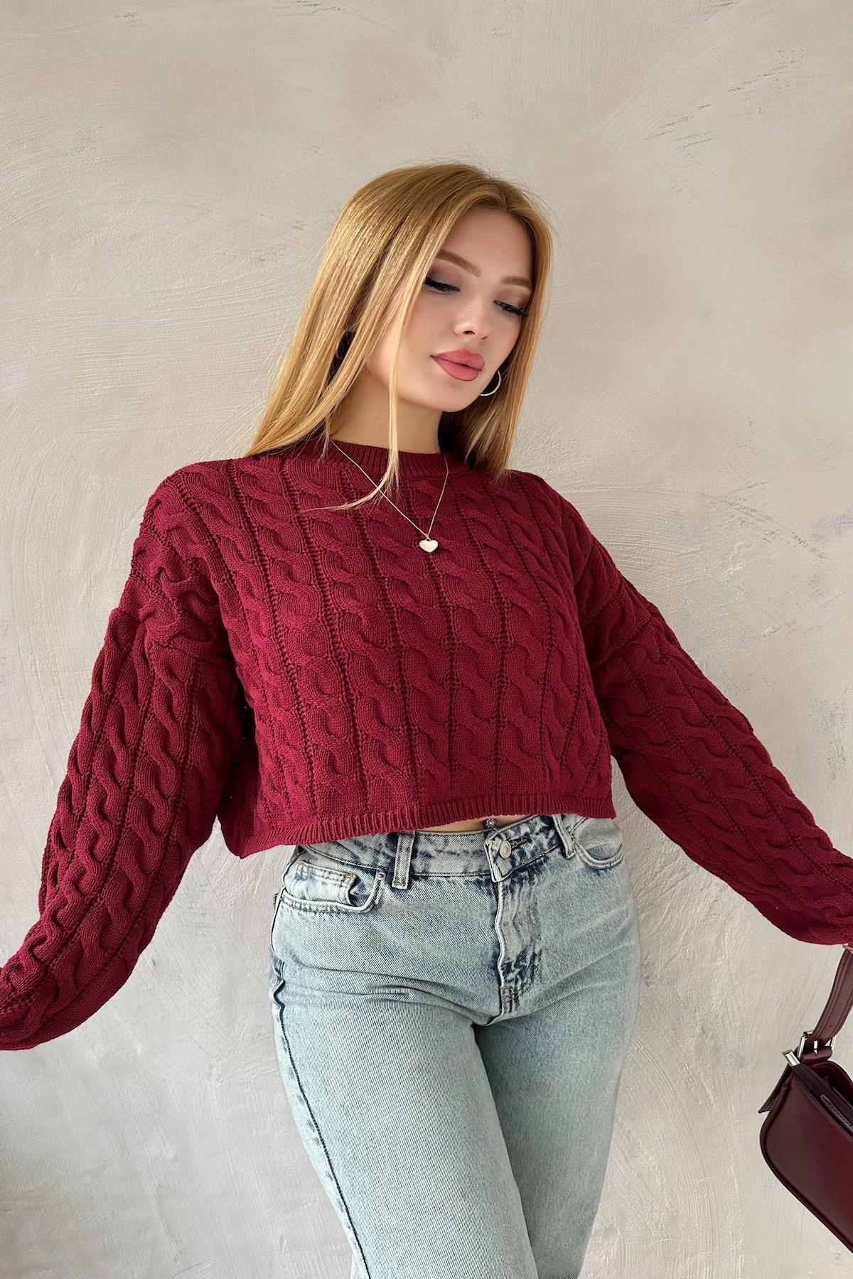 Saç Örgü Crop Kazak Bordo
