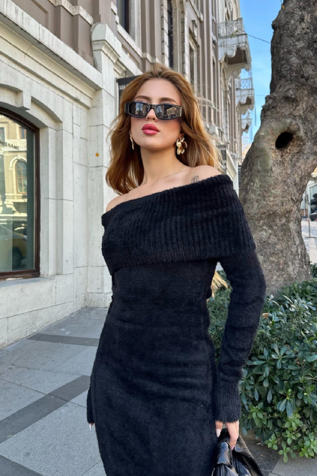Yumoş Madonna Yaka Triko Elbise Siyah