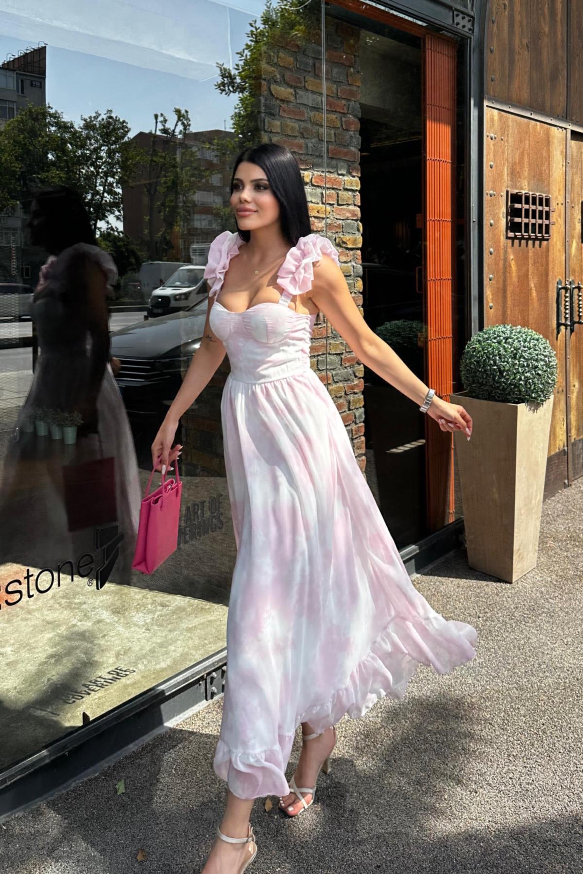 Kol Detay Şifon Elbise Pembe