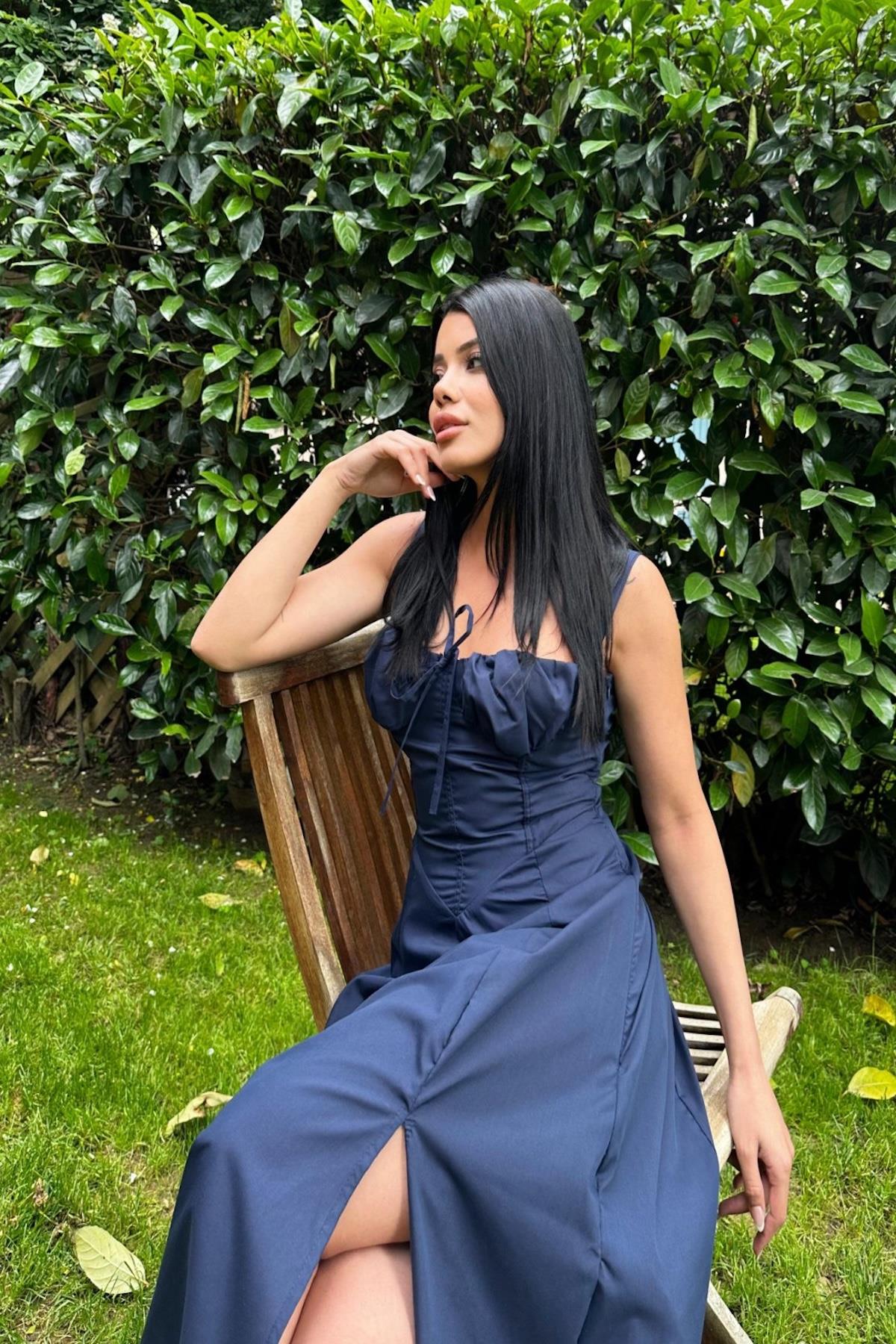 Anna Poplin Elbise Lacivert 