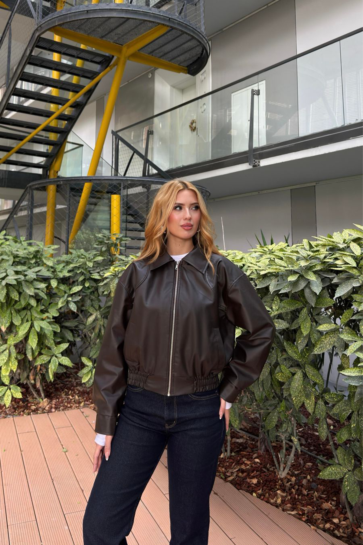 Beli Lastikli Deri Bomber Ceket Kahverengi