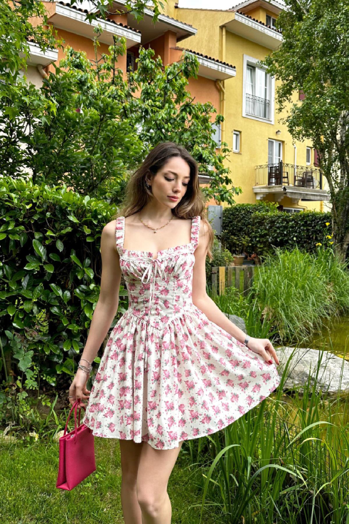 Vintage Çiçek Desen Elbise Pembe