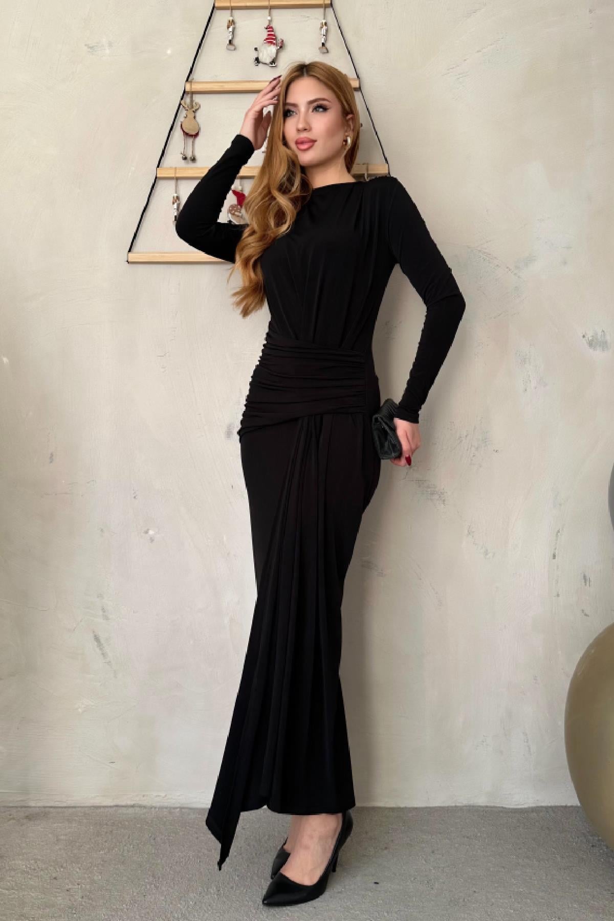 Britney Uzun Kol Sandy Elbise Siyah