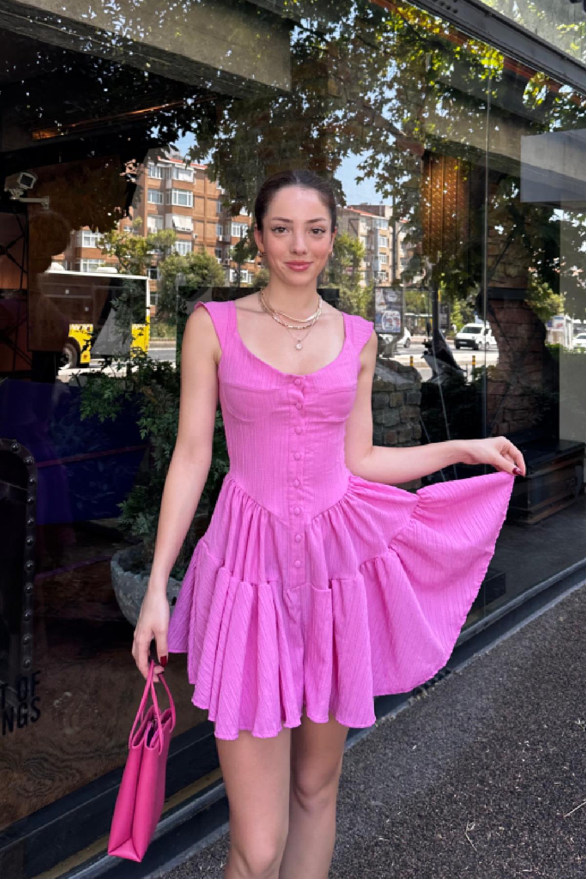 Düğme Detay Keten Şort Tulum Pembe