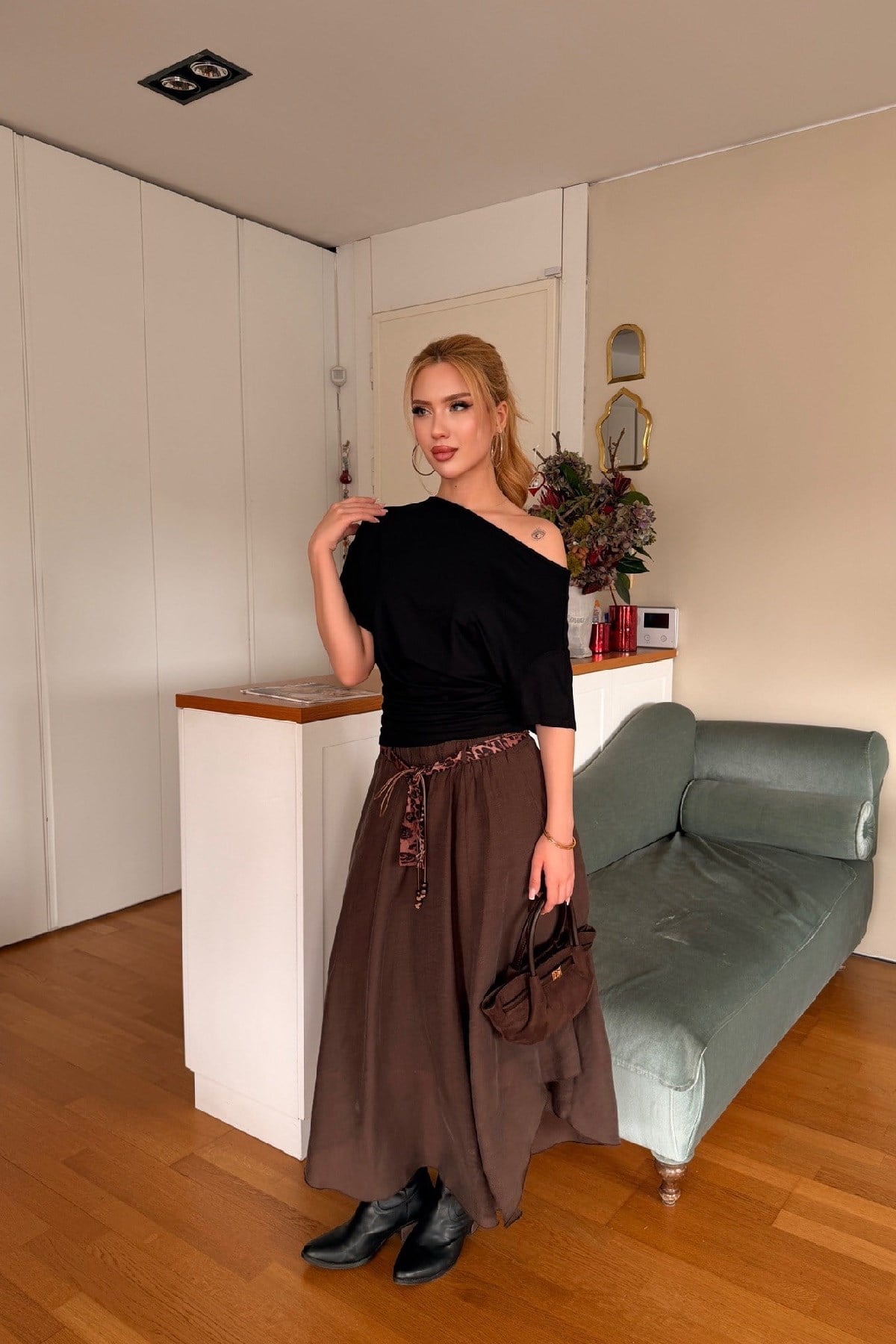 Leopar Bağlama Detaylı Etek Kahve