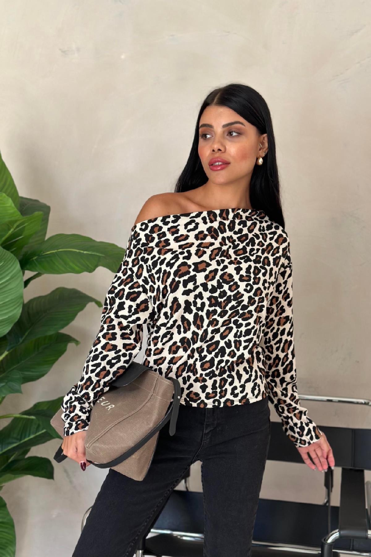 Tek Omuz Leopar Bluz Kahverengi