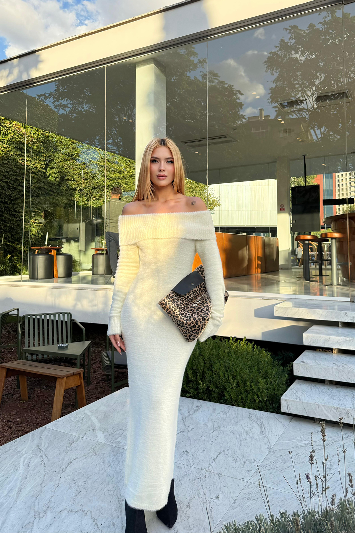 Yumoş Madonna Yaka Triko Elbise Vanilya