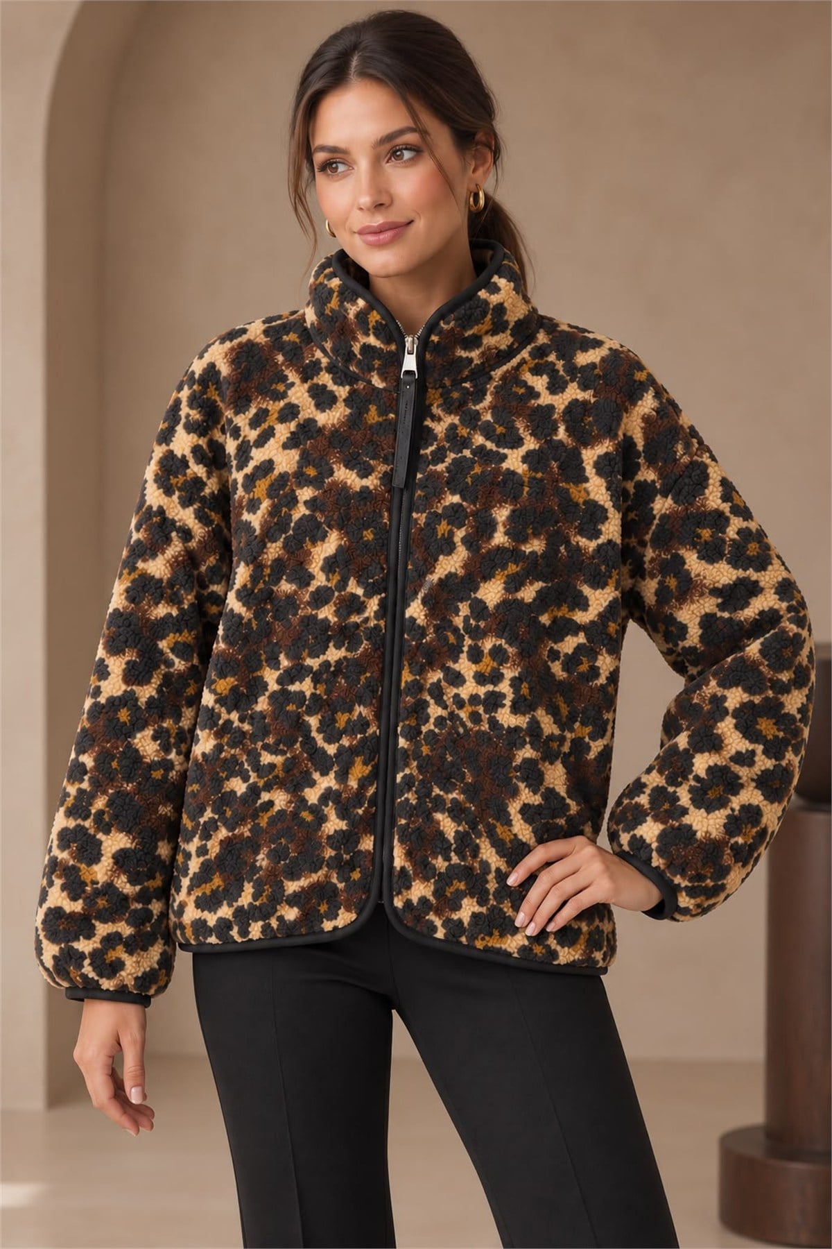 Leopar Desen Peluş Hırka Siyah