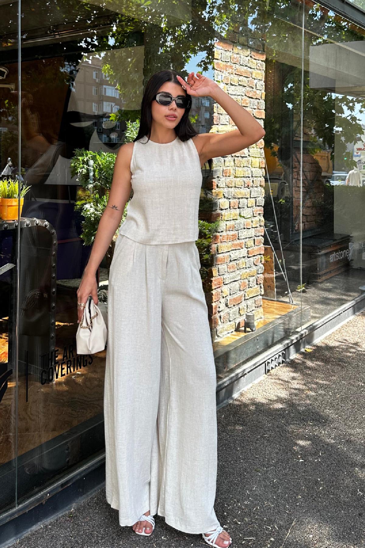Mabel Keten Pantolon Takım Naturel
