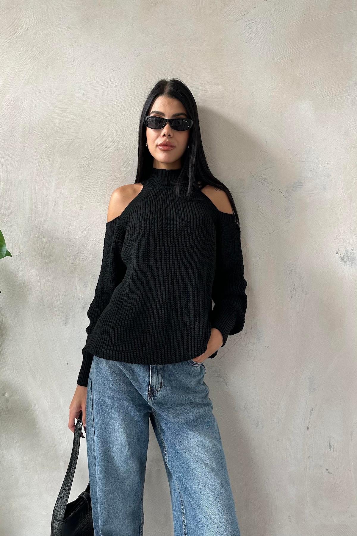 Omuzu Açık Triko Kazak Siyah