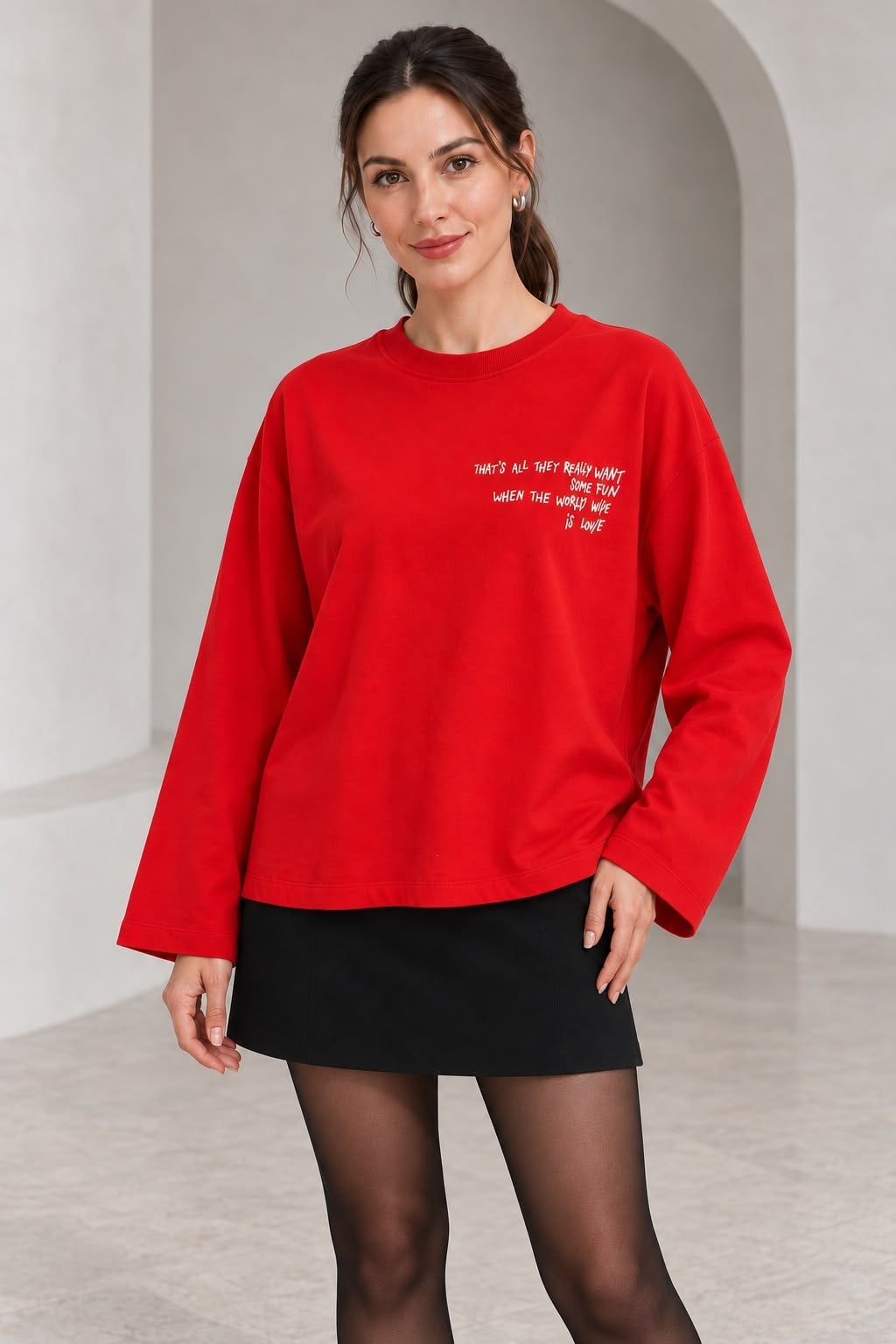Kalın Penye Yazılı Sweatshirt Kırmızı