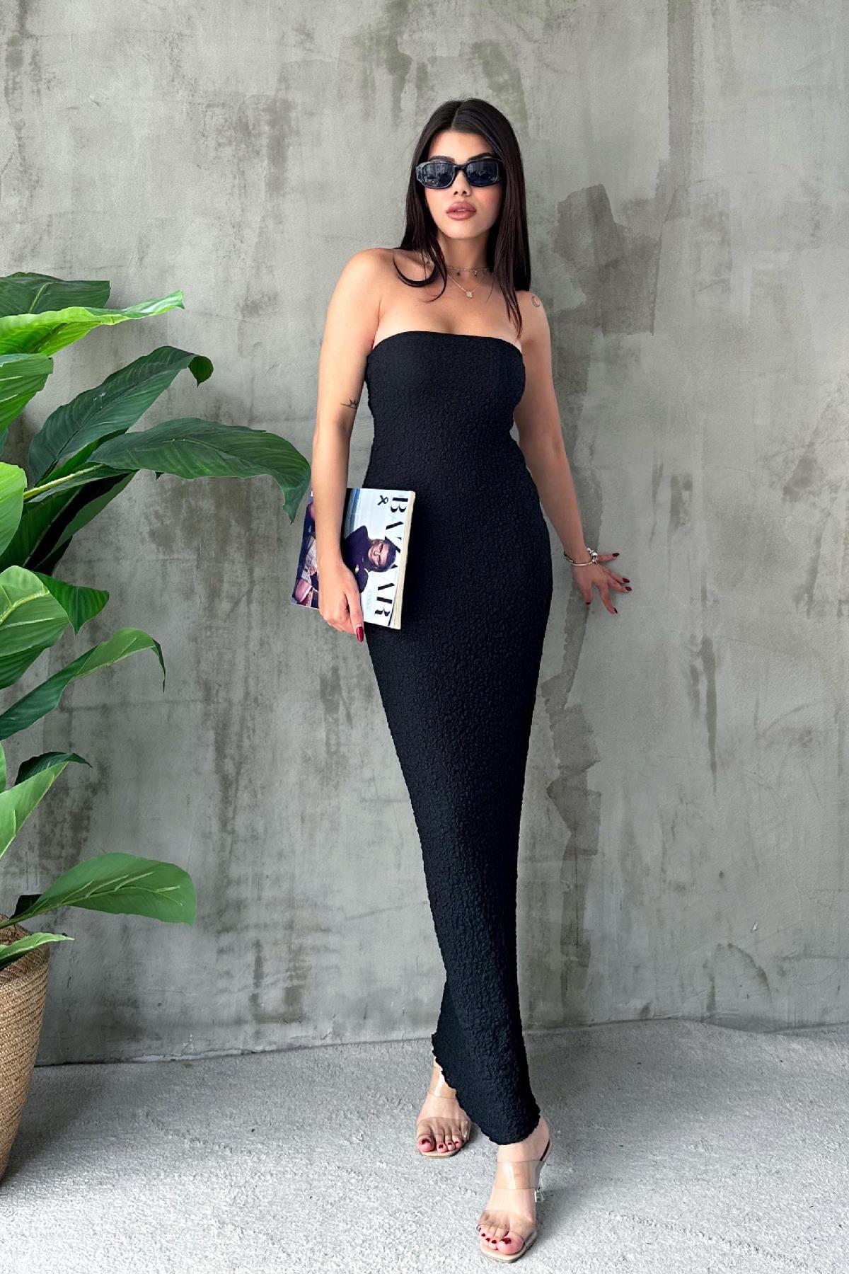 Straplez Midi Boy Elbise Siyah