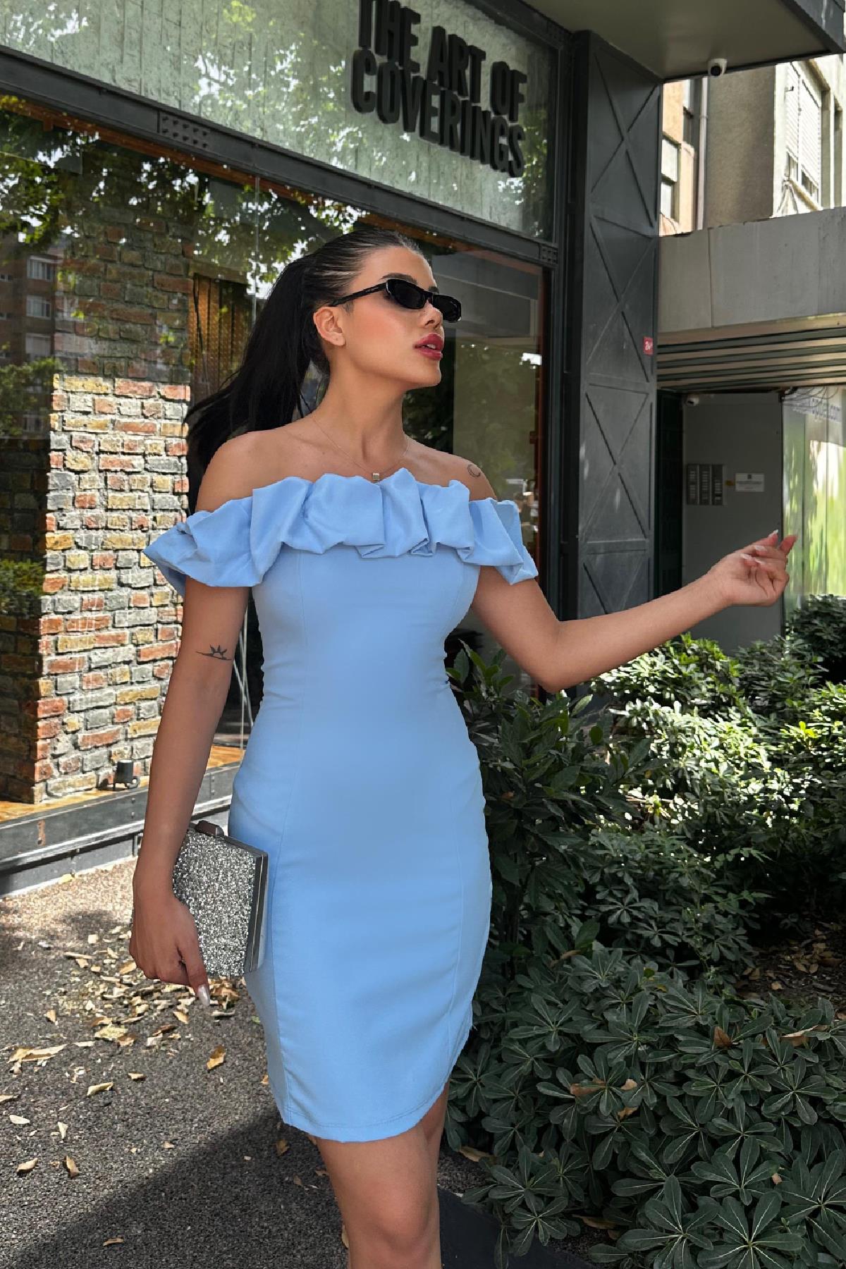 Eva Volanlı Atlas Elbise Bebe Mavi