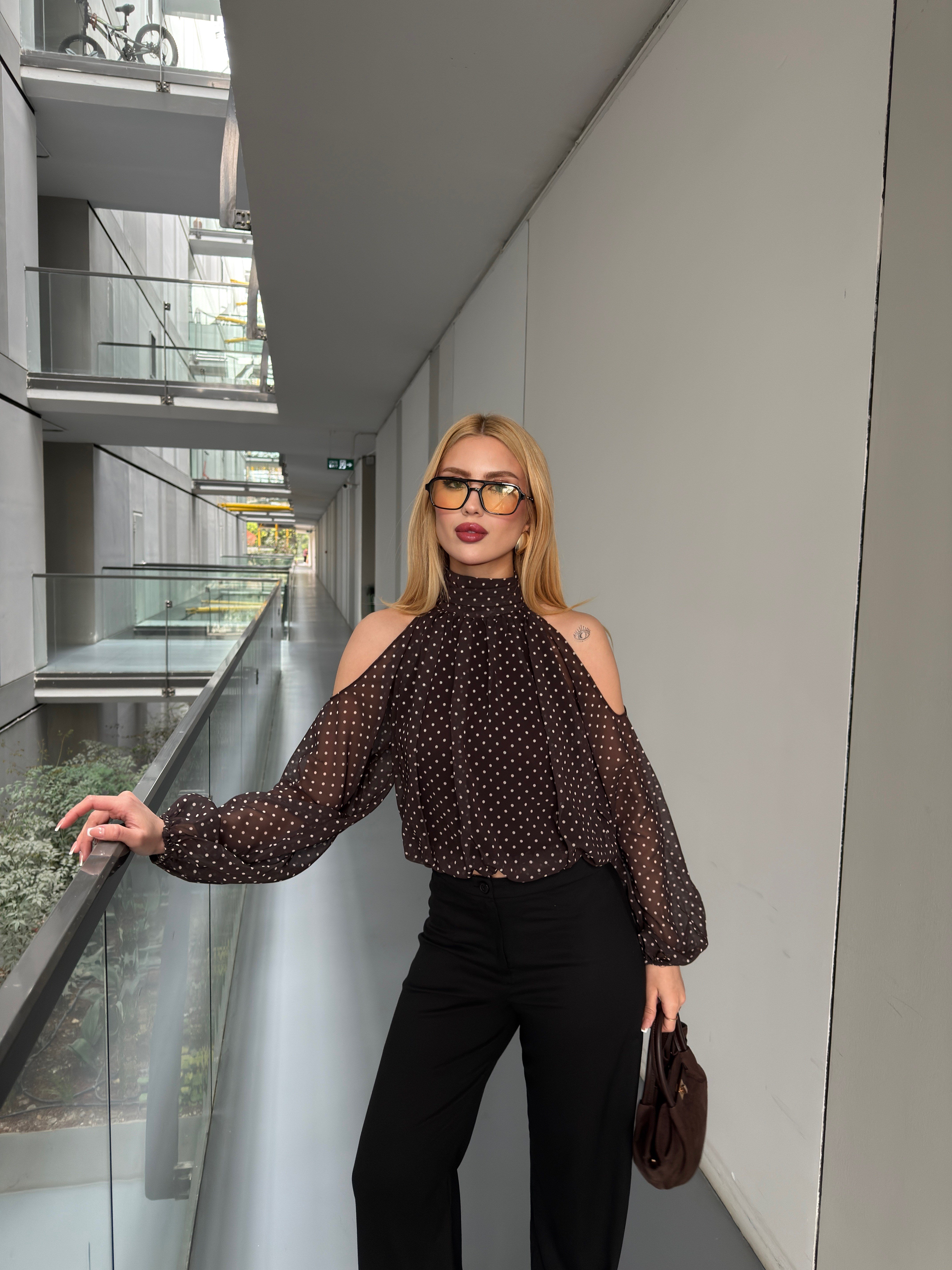 Puantiyeli Şifon Bluz Kahverengi