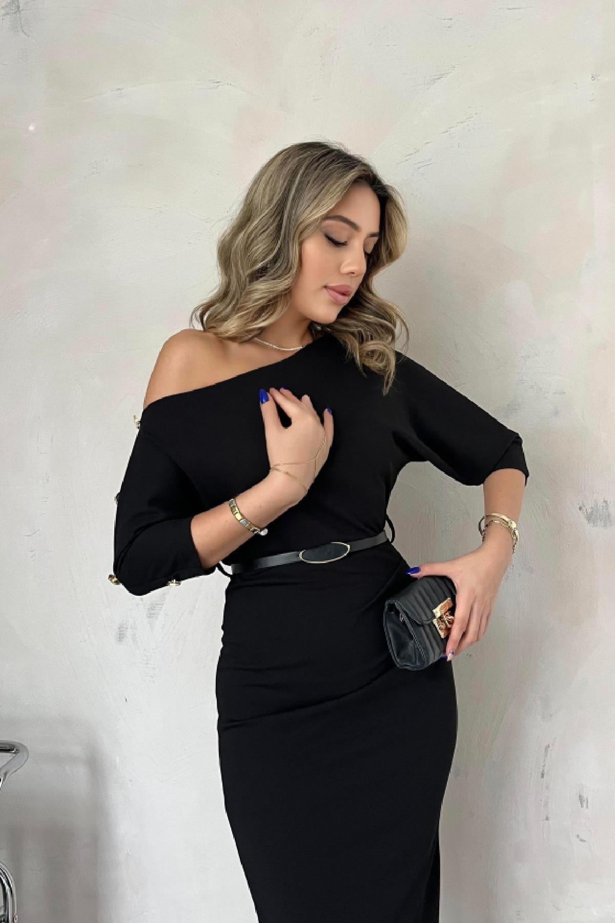 Lina Kemerli Elbise Siyah