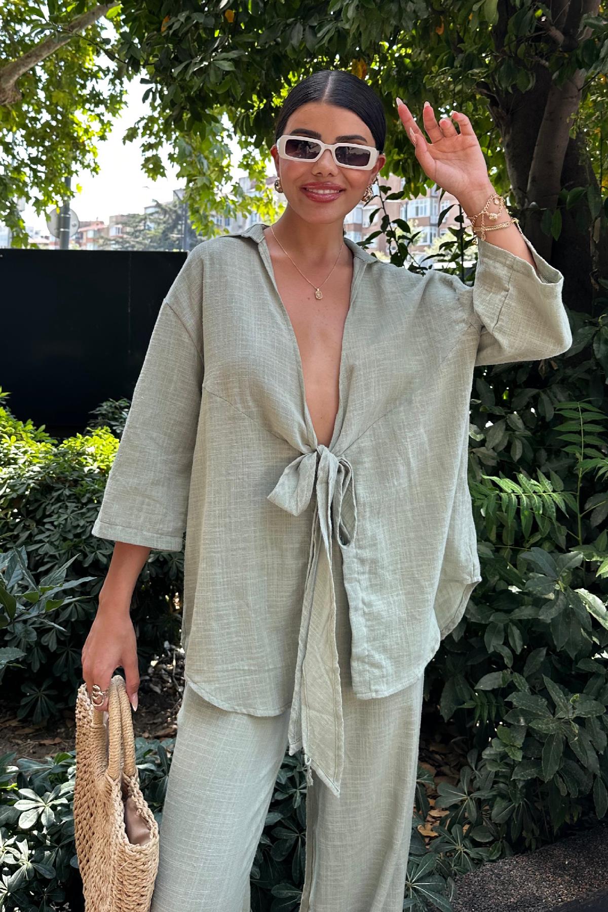 Bağlamalı Keten Kimono Haki