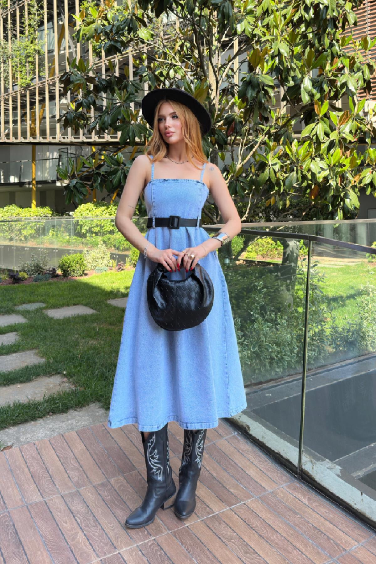 Alina Kemerli Jean Elbise Kar Yıkama Mavi