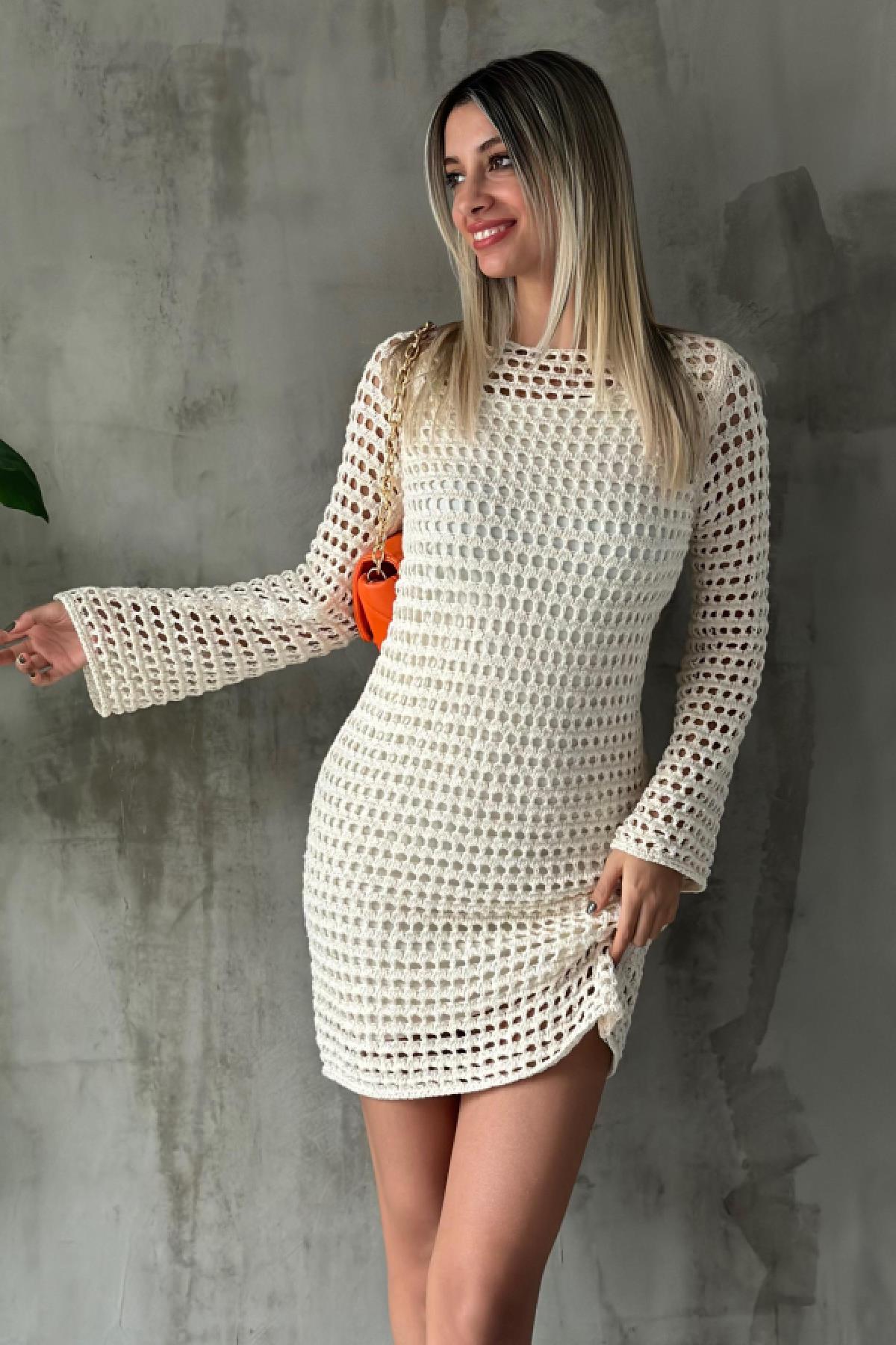 Ajurlu Triko Elbise Ekru