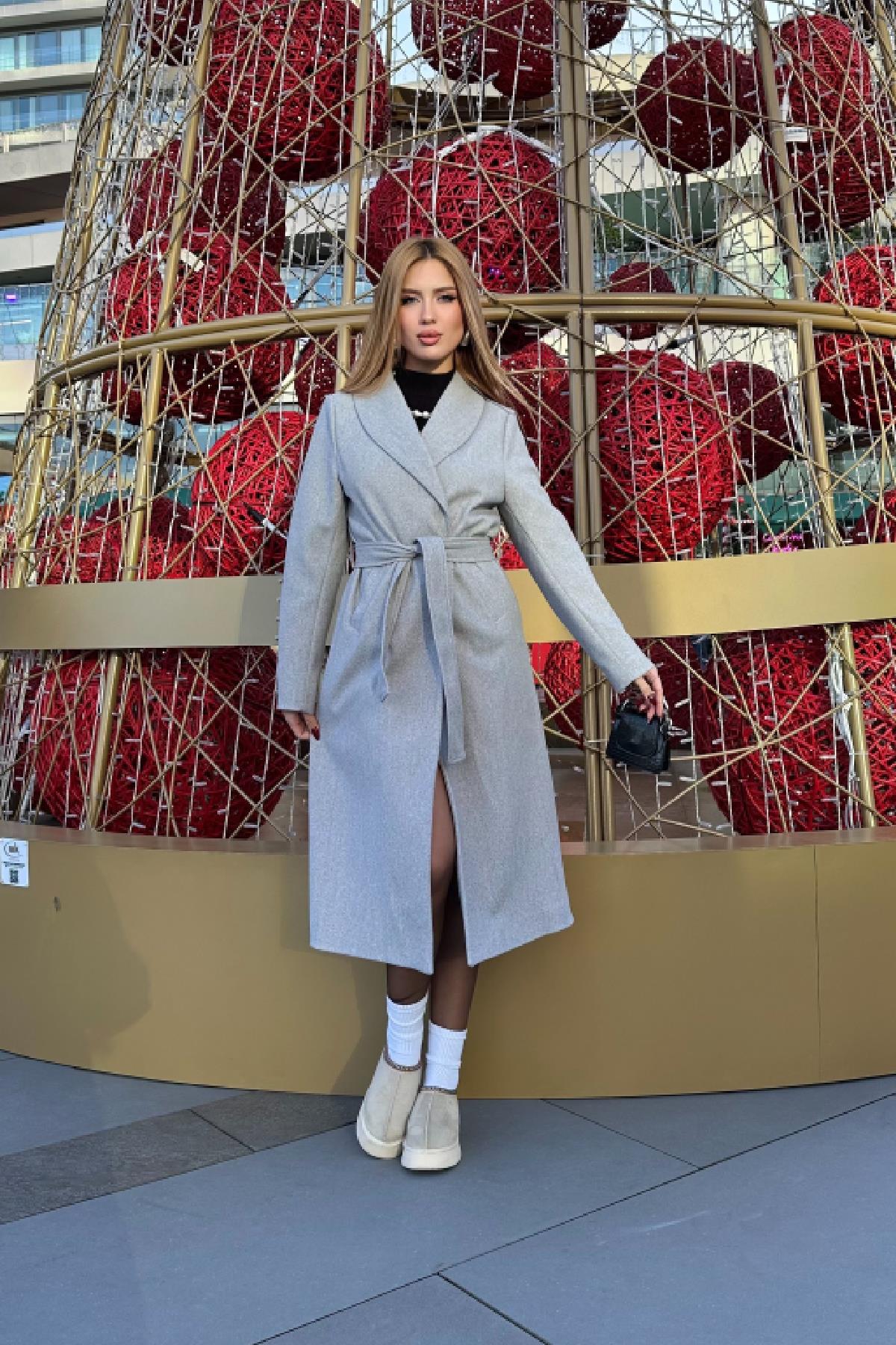 Kuşaklı Kaşe Kaban Gri