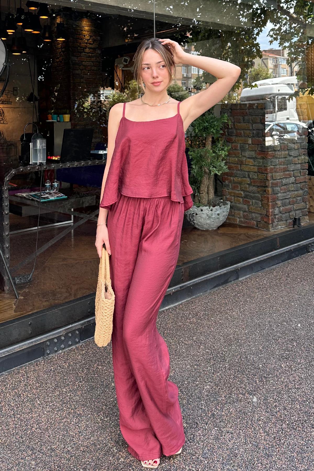 Askılı Bluz Pantolon Takım Bordo