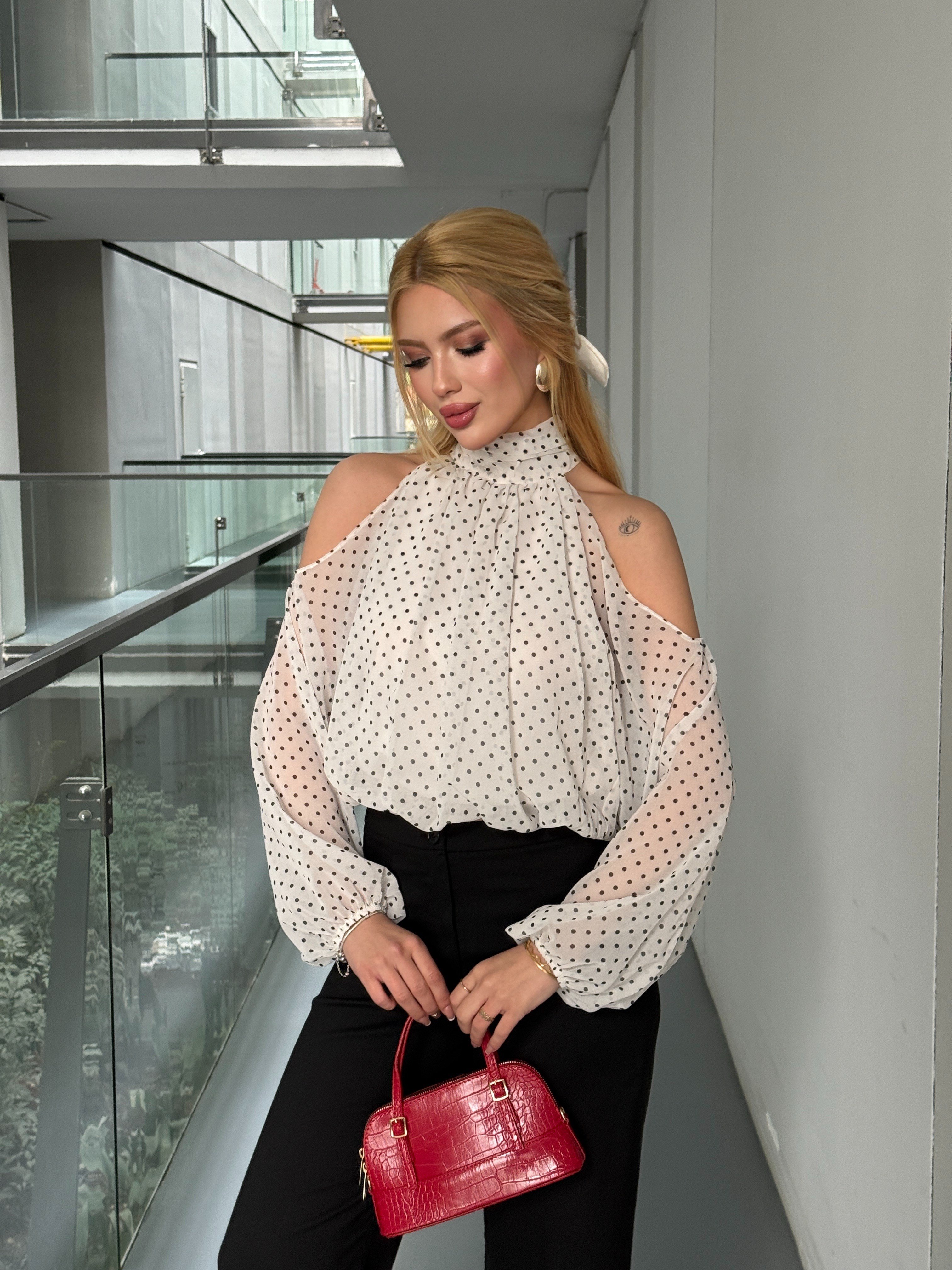 Puantiyeli Şifon Bluz Ekru