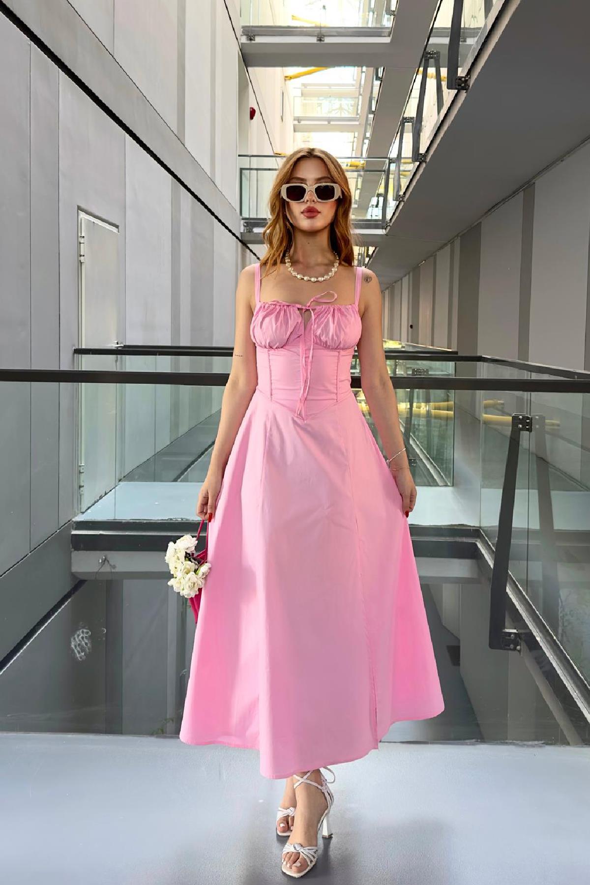 Uzun Poplin Elbise Pembe
