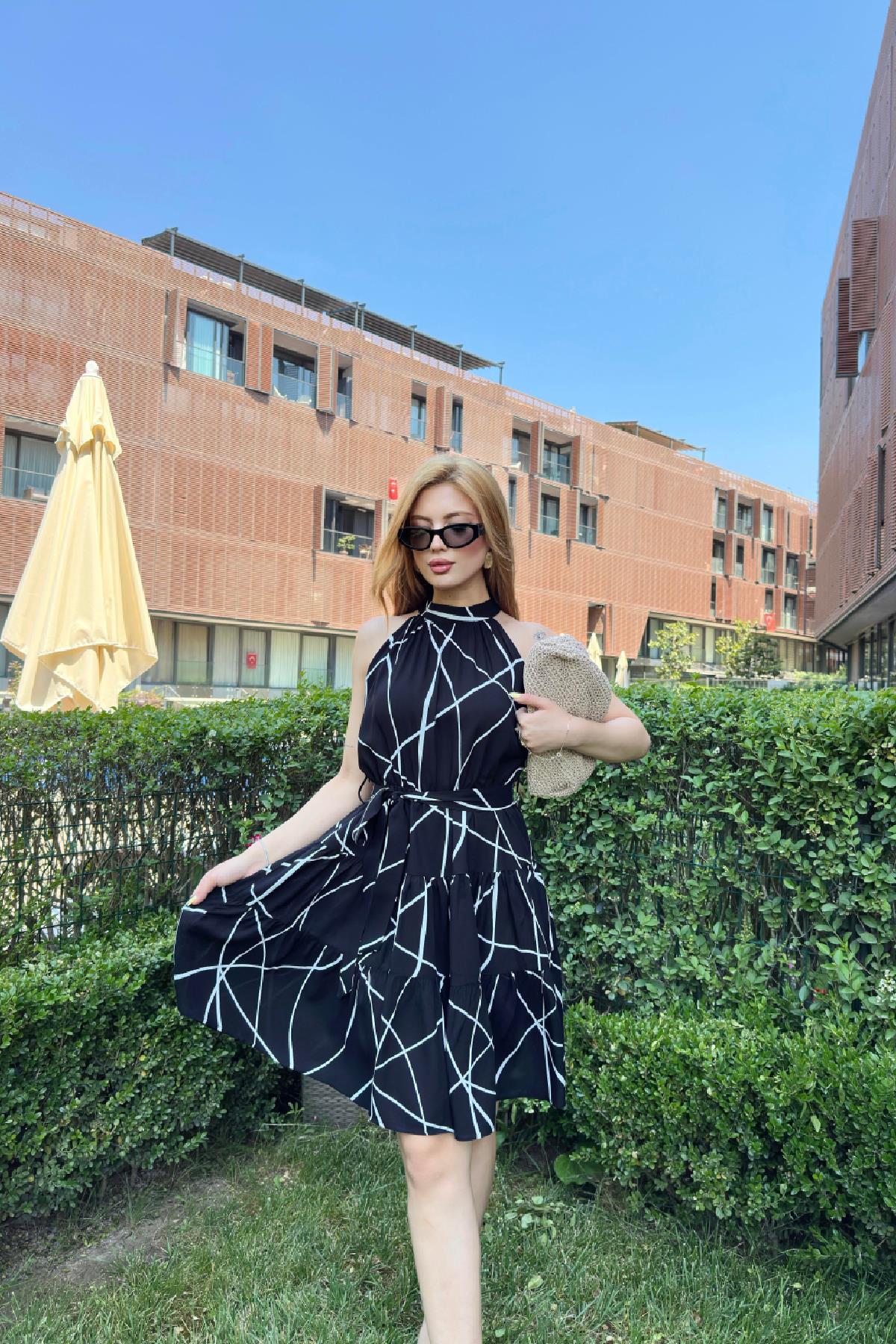 Kuşaklı Geometrik Elbise Siyah