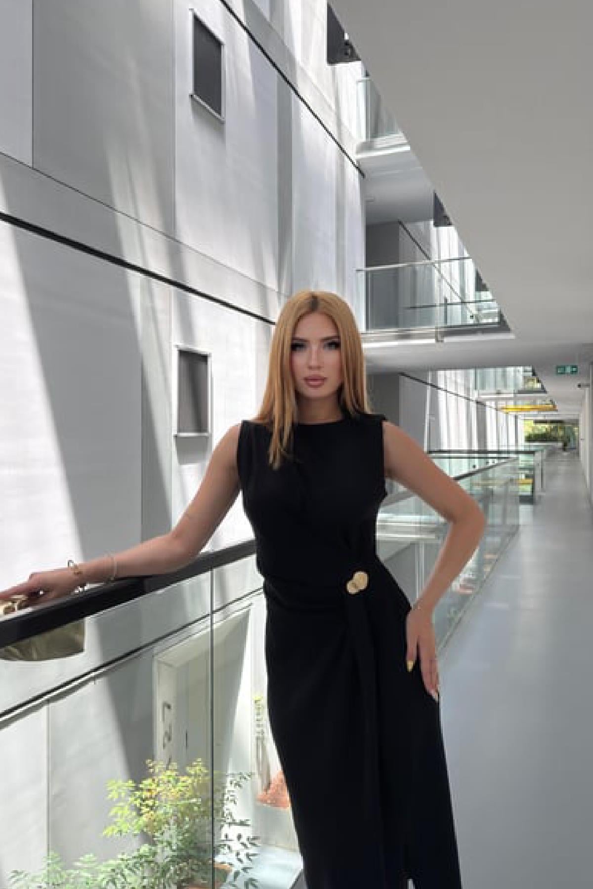 Valeria Gold Toka Detay Elbise Siyah