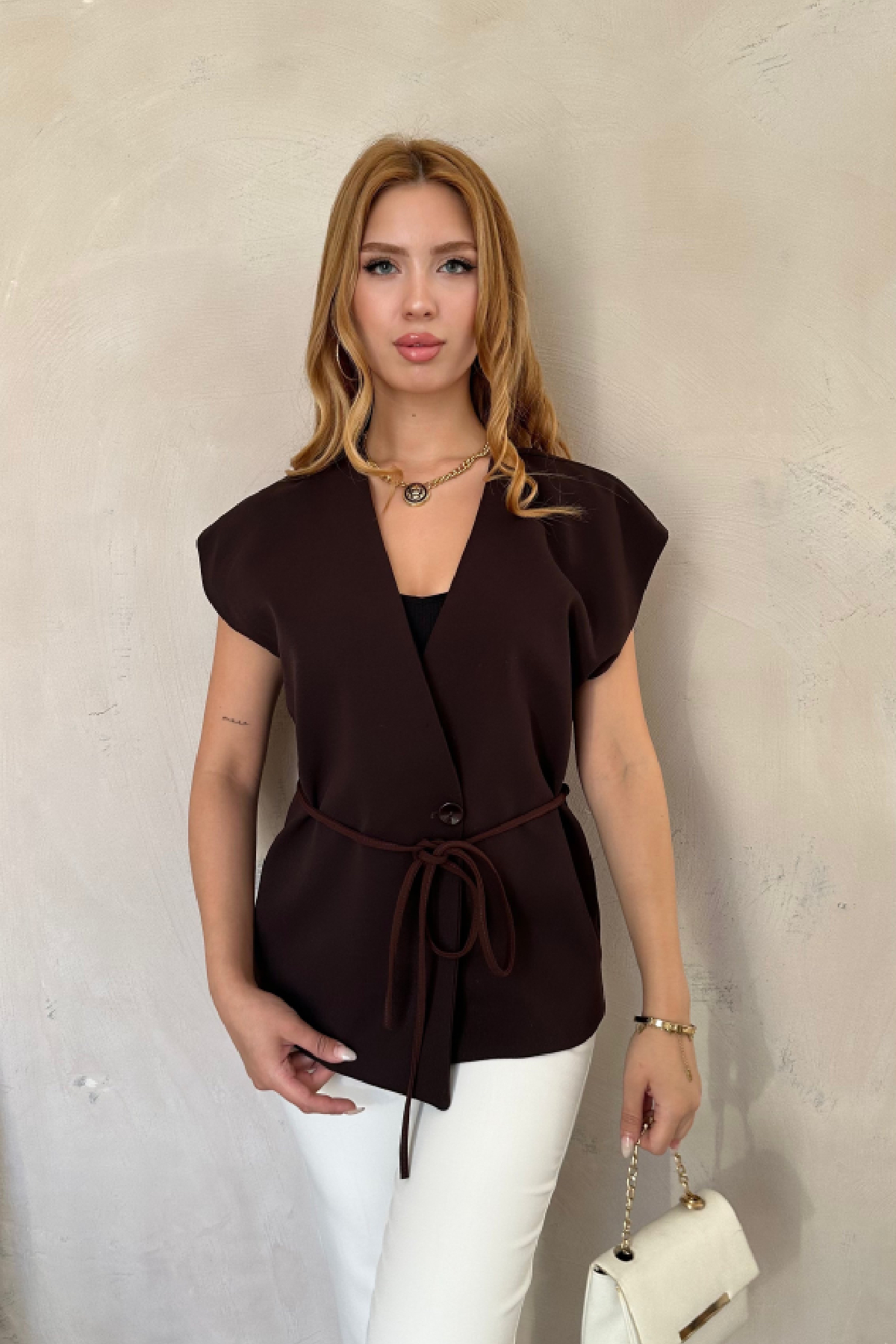 Bel Bağlama Atlas Yelek Acı Kahve