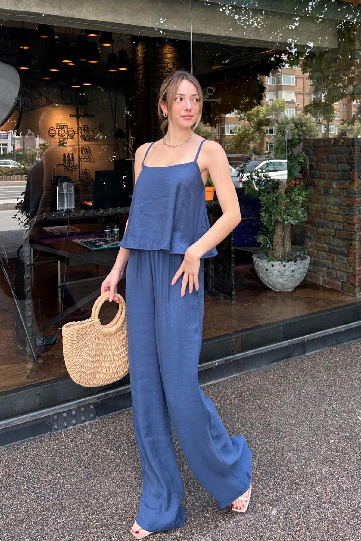 Askılı Bluz Pantolon Takım Lacivert