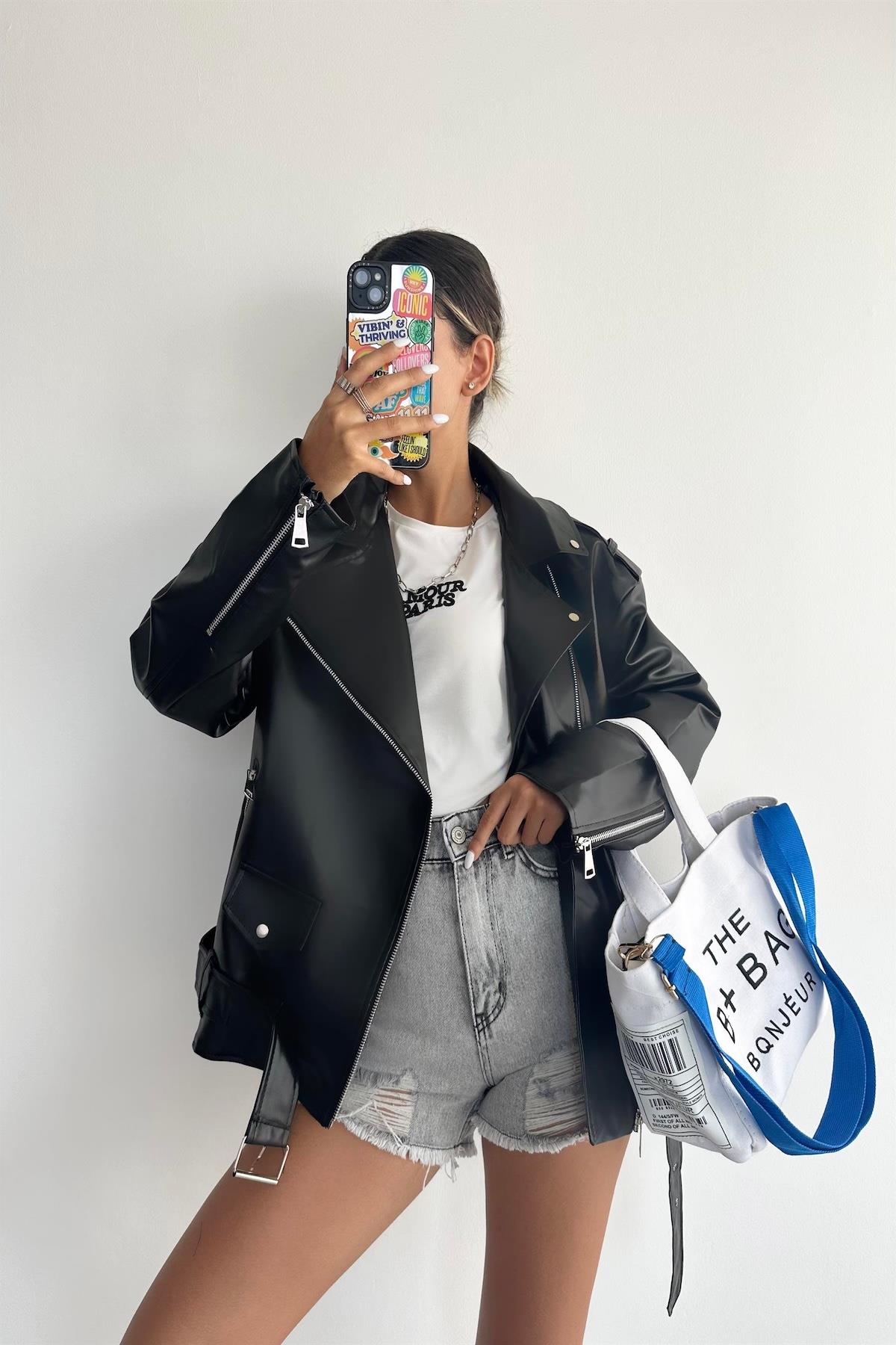 Oversize Biker Deri Mont Siyah