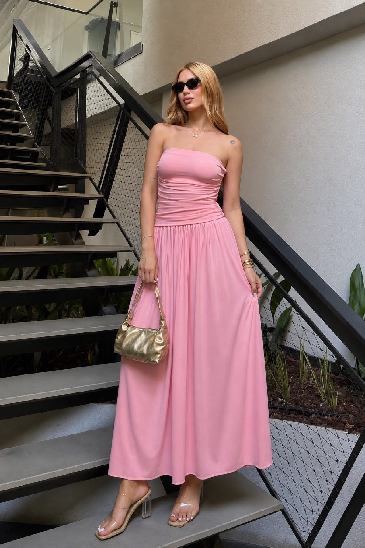 Straplez Drapeli Elbise Pembe 